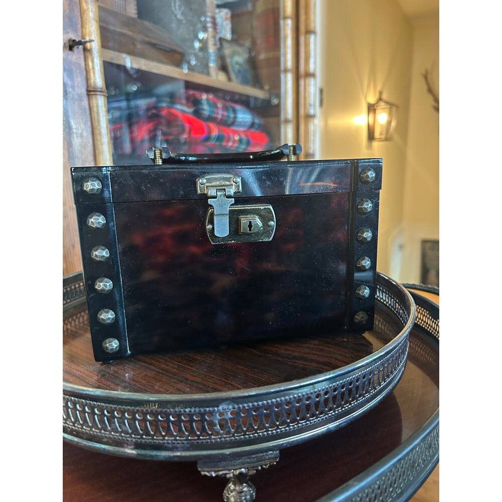 Vintage Palizzio Tortoiseshell Vanity Jewelry Box 1930s Celluloid Case w/ Handle
